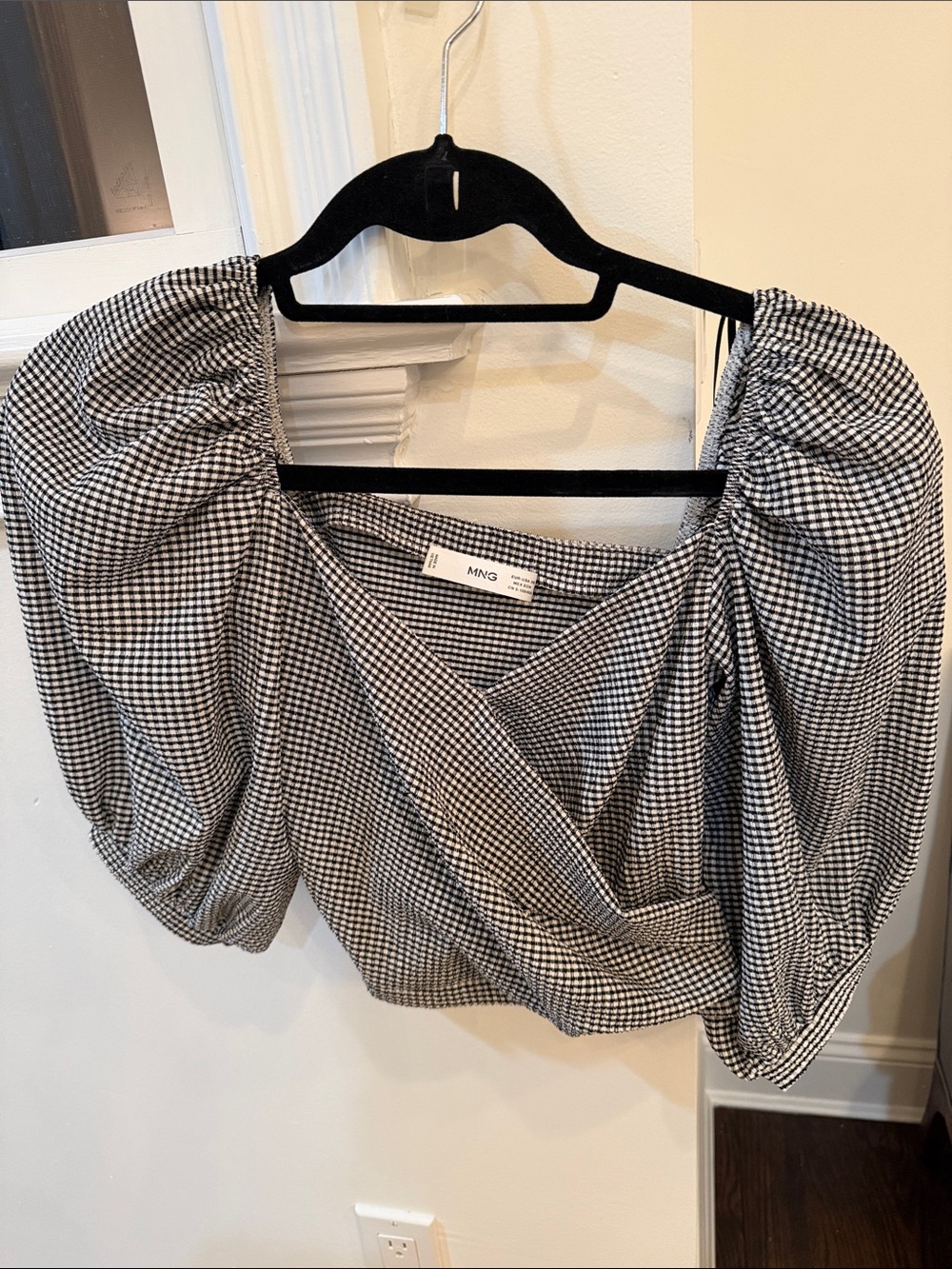 Mango Black & White Gingham Puff Sleeve Wrap Blouse